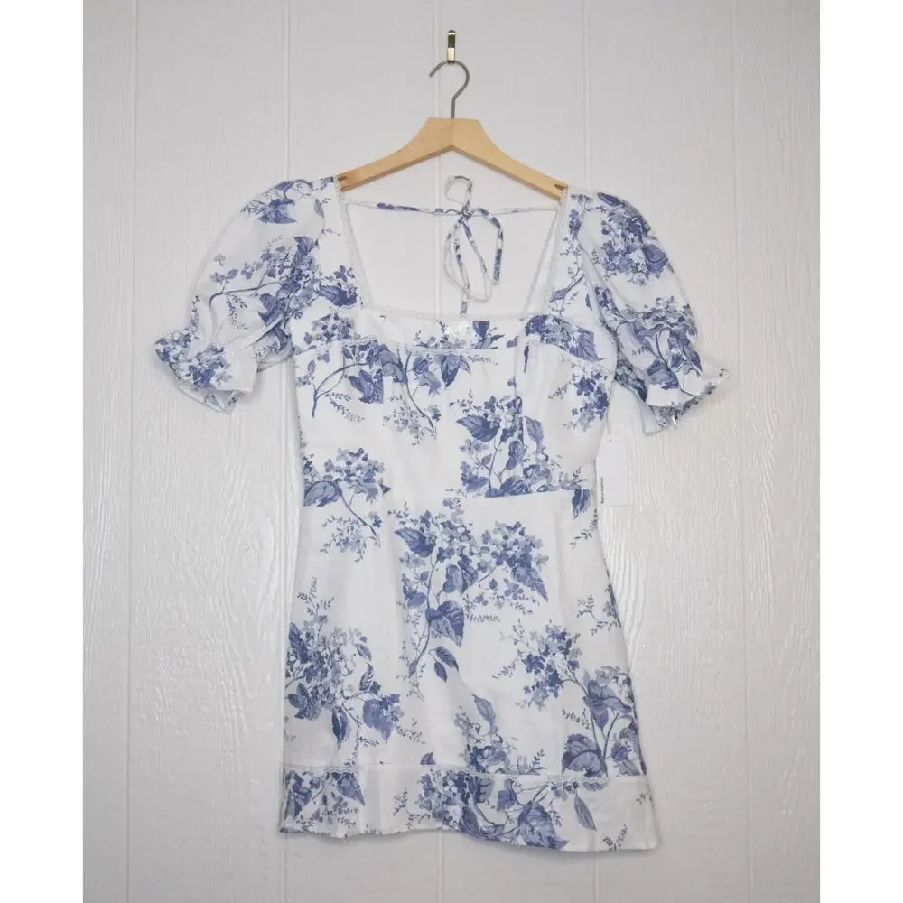 REFORMATION Evianna Linen Blue & White Toile Puff Sleeve Mini Dress US 10 NWT - Picture 7 of 14